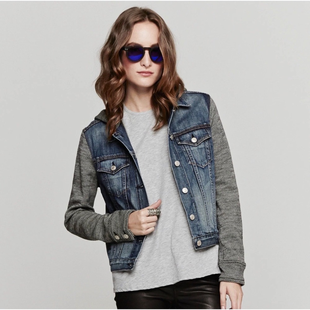 Rag & Bone JEAN Bradford Denim Jacket Hooded Wool Knit Sleeves Blue Grey S